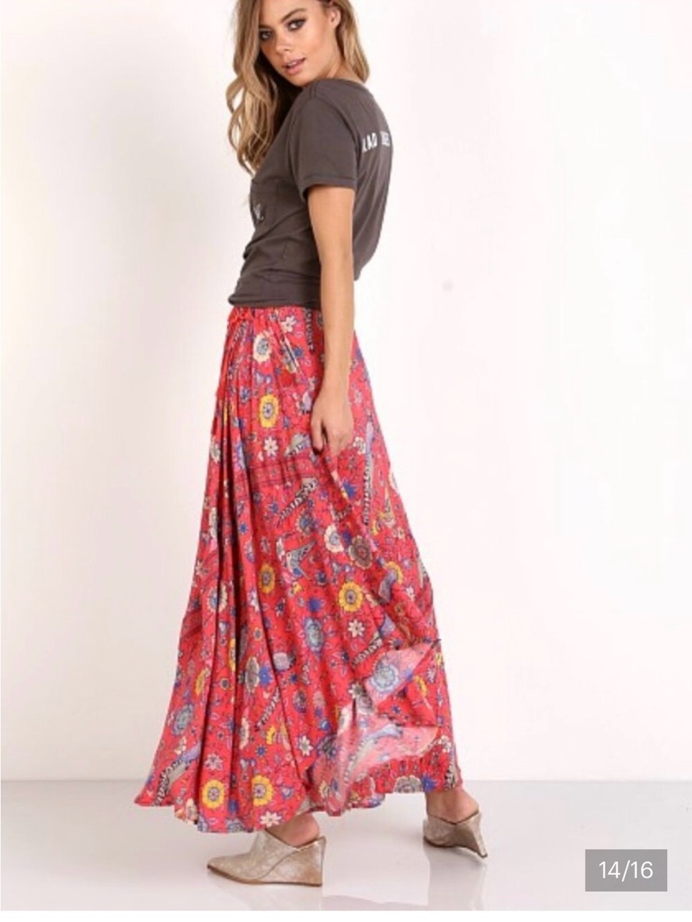 Spell Red Floral Maxi Skirt with Multicolor Floral Motif Sz sm